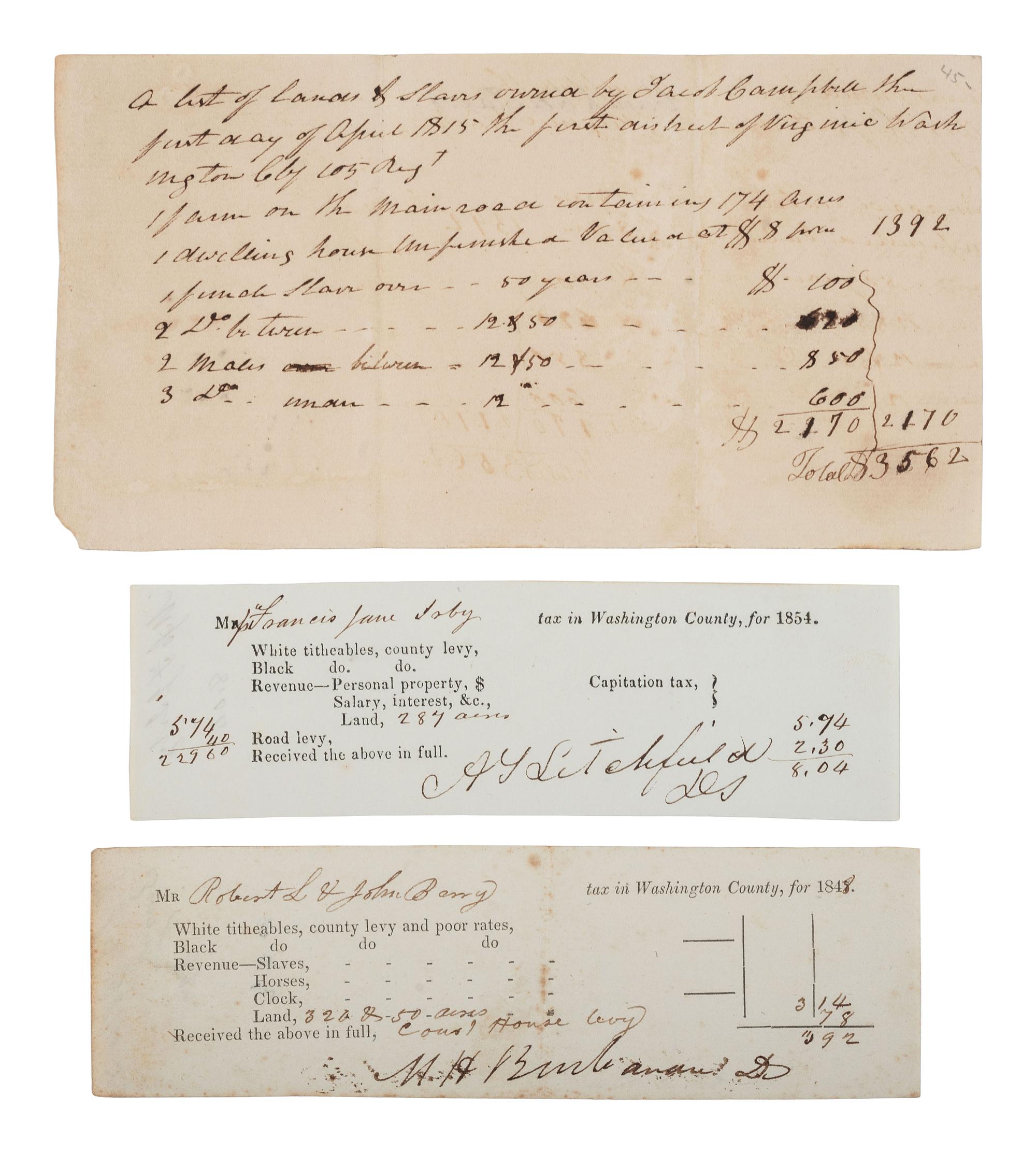 [ENSLAVEMENT & ABOLITION]. A group of 3 Virginia documents listing property including enslaved persons. Ca 1815-1854.