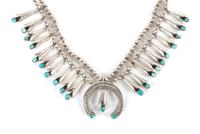 Southwestern Silver and Turquoise Squash Blossom Necklace Length 24 inches