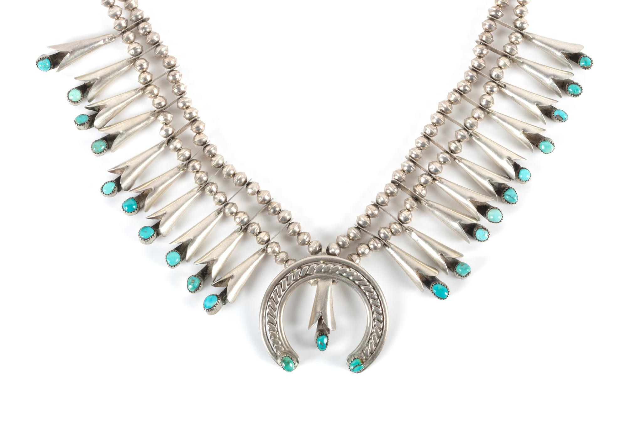 Southwestern Silver and Turquoise Squash Blossom Necklace Length 24 inches