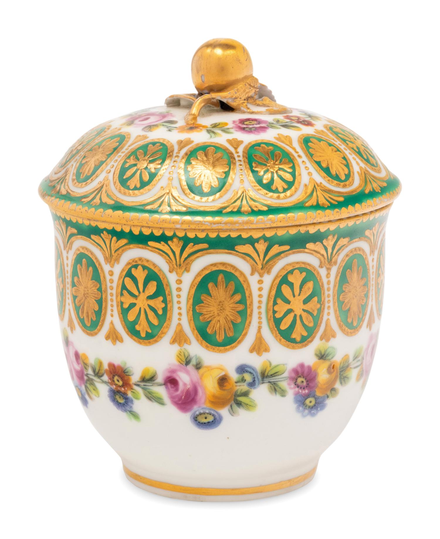 A Sèvres Green-Ground Porcelain Sugar Bowl and Cover ( Pot à Sucre 'Bouret' et son Couvercle, 2ème Grandeur )