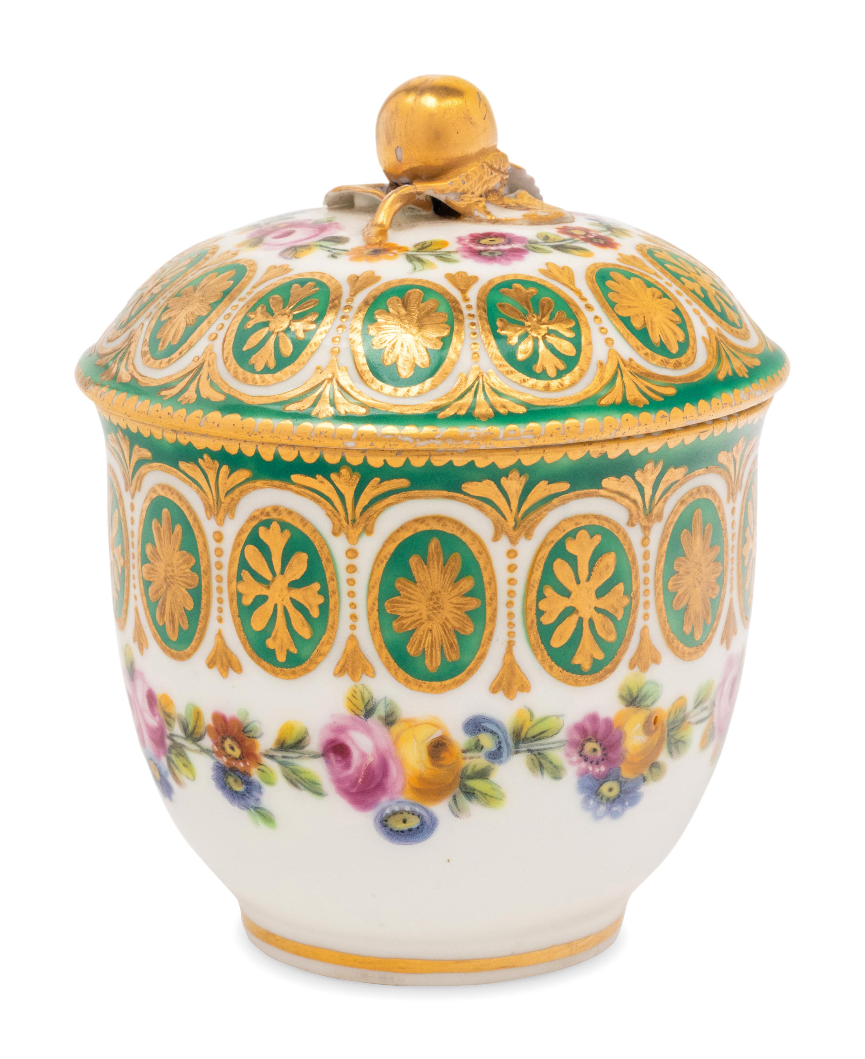 A Sèvres Green-Ground Porcelain Sugar Bowl and Cover ( Pot à Sucre 'Bouret' et son Couvercle, 2ème Grandeur )