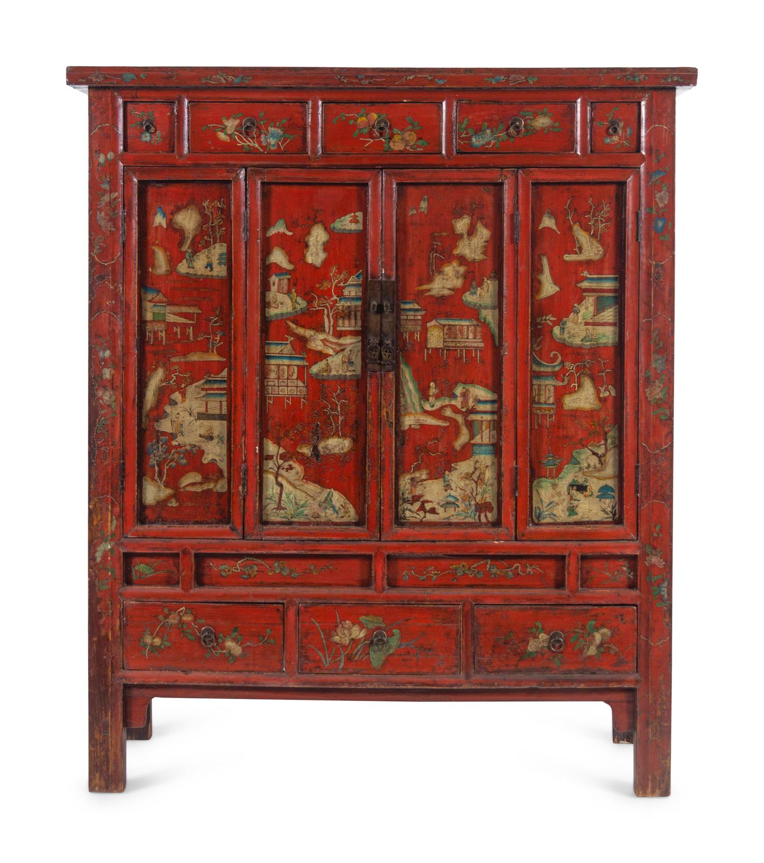A Chinese Red Lacquered and Chinoiserie Decorated Armoire