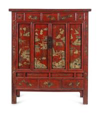 A Chinese Red Lacquered and Chinoiserie Decorated Armoire