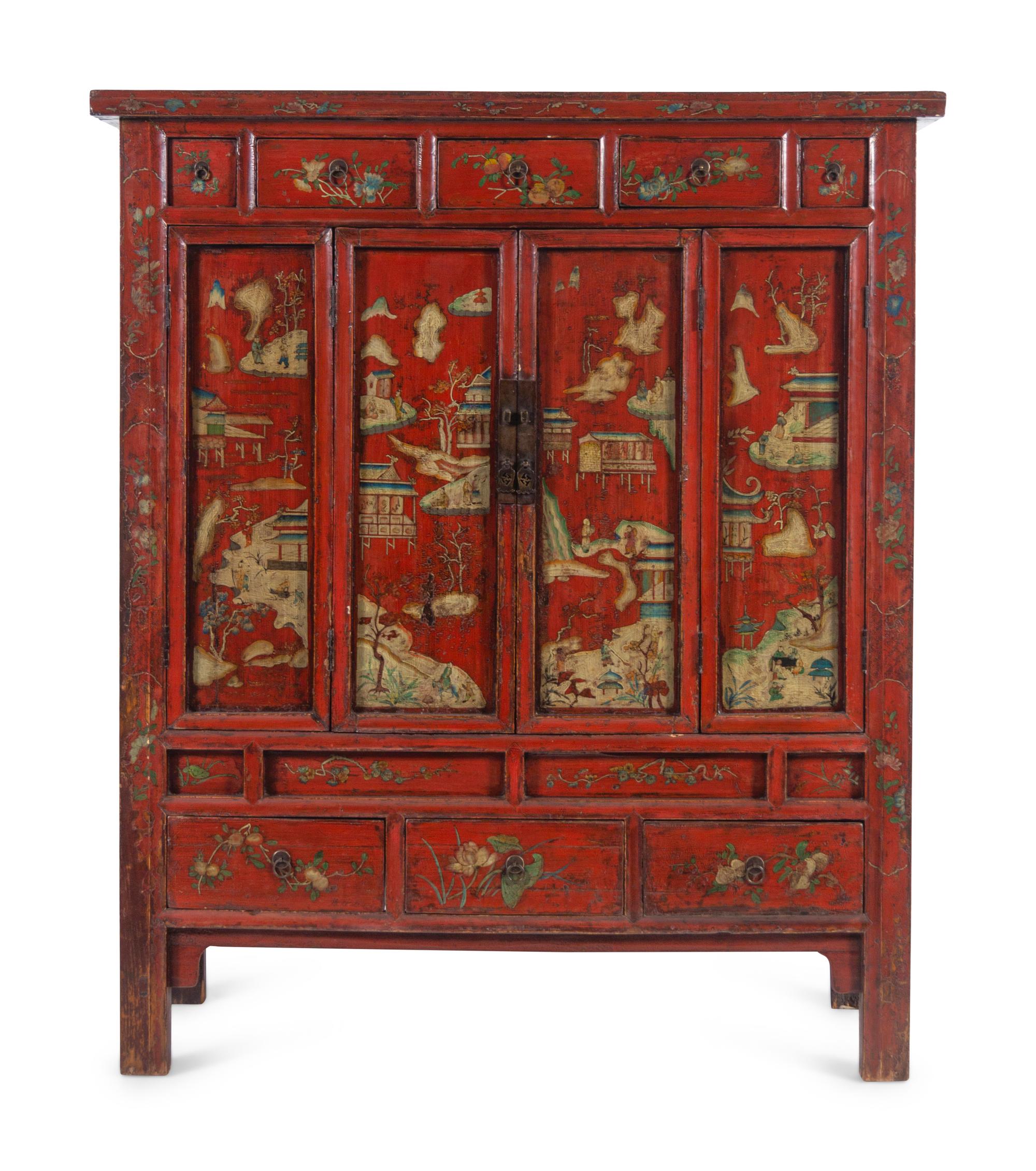 A Chinese Red Lacquered and Chinoiserie Decorated Armoire