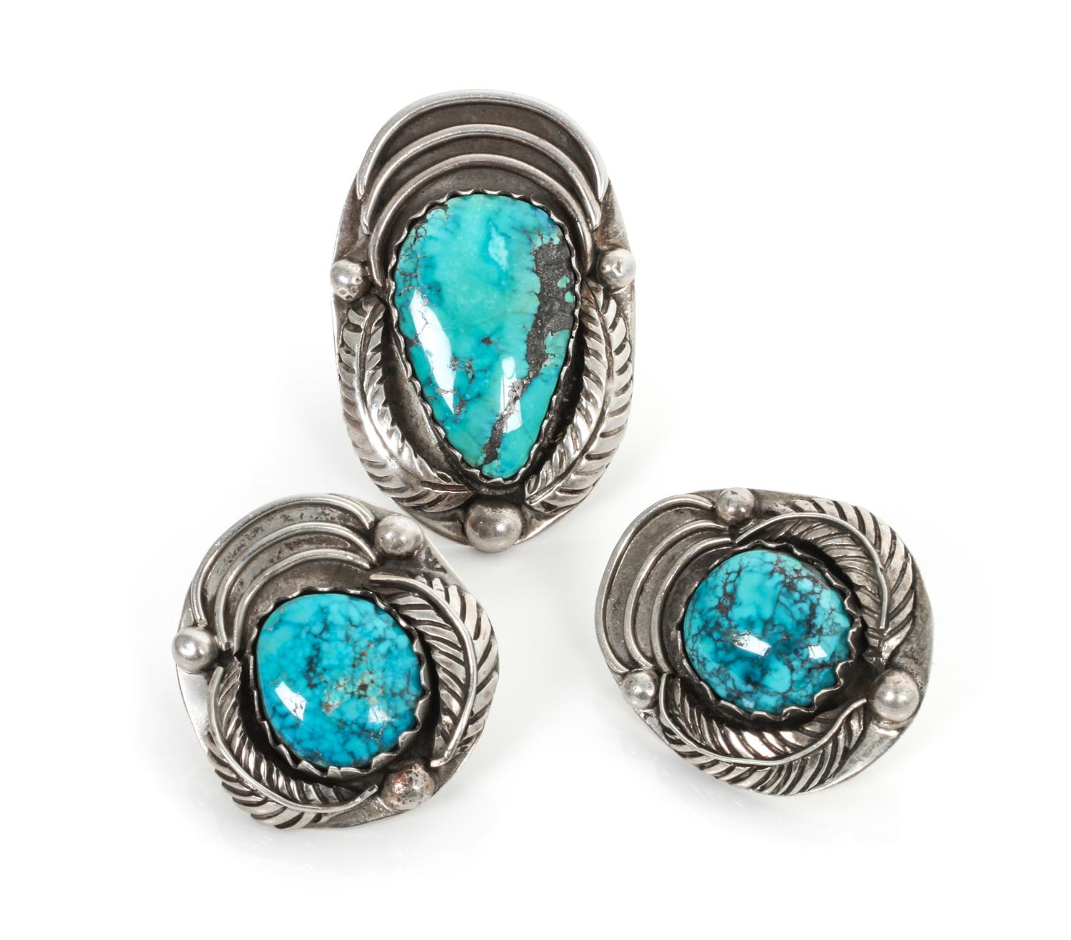A Group of Southwest Silver Jewelry Items Length of largest ring 1 7/8 inches.