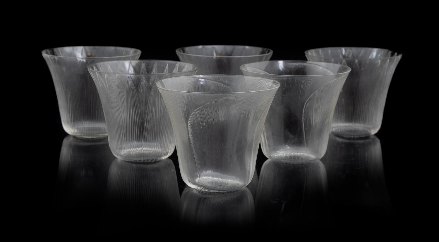A Set of Six Lalique Molded Glass Tumblers, Pavot Height 3 inches. — MODEL 3407, CIRCA 1922