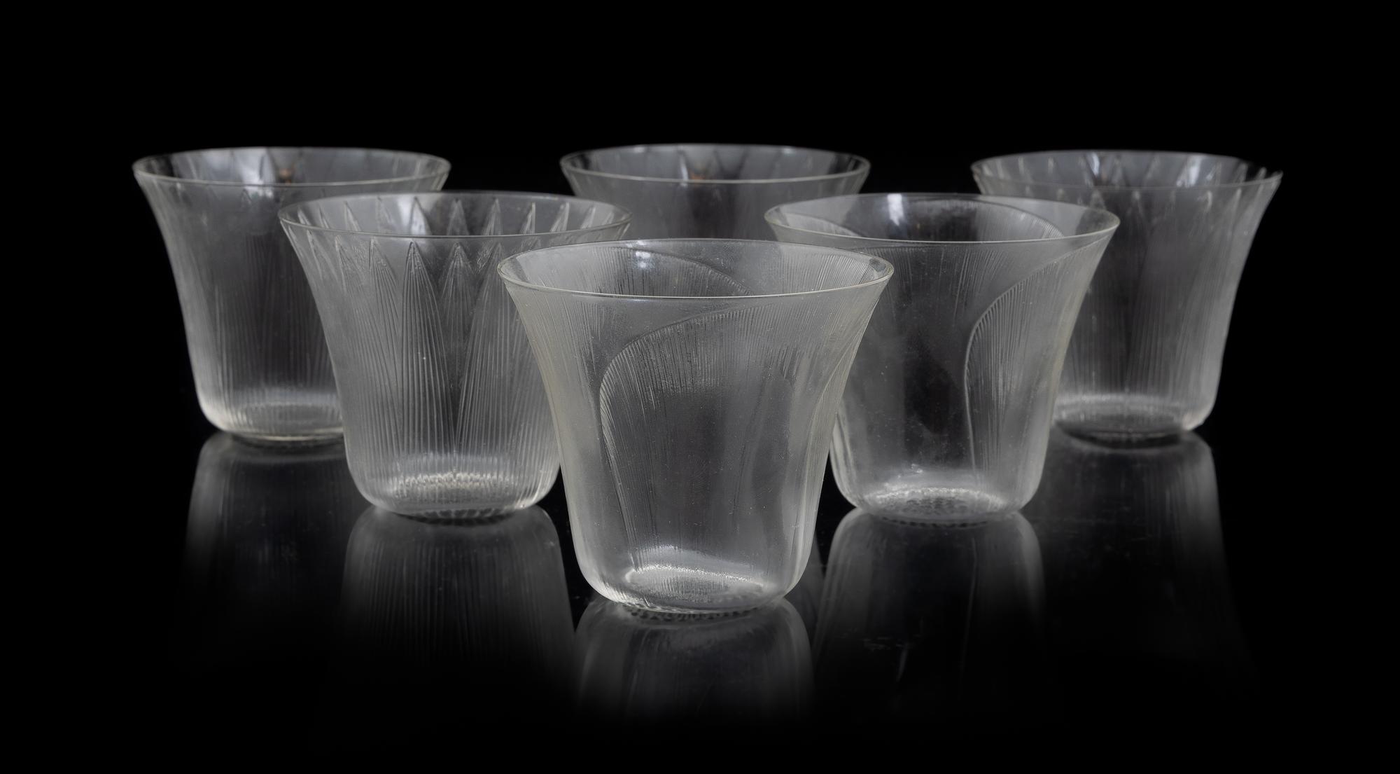 A Set of Six Lalique Molded Glass Tumblers, Pavot Height 3 inches. — MODEL 3407, CIRCA 1922
