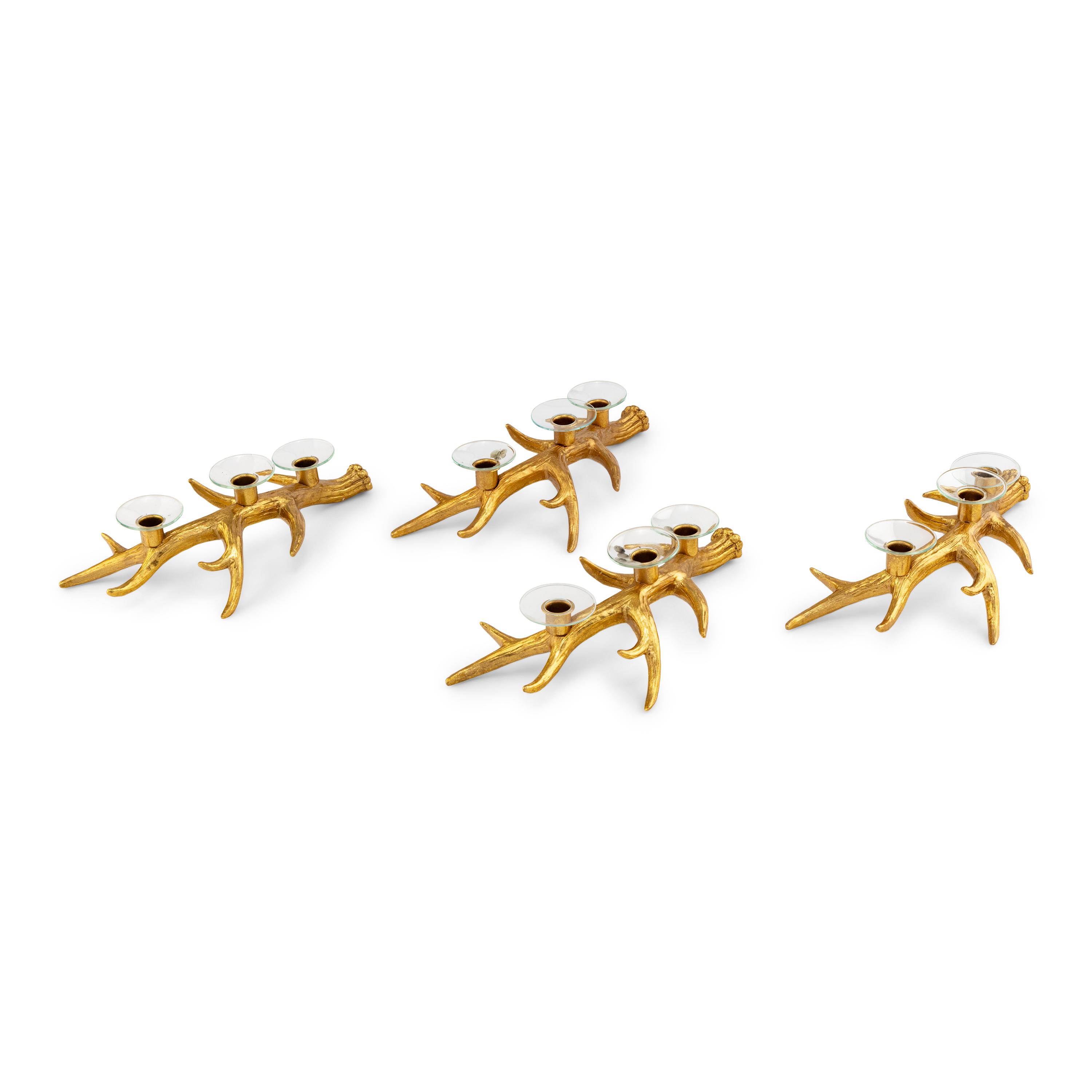 A Set of Four Gilt Metal Antler-Form Three-Light Candelabra