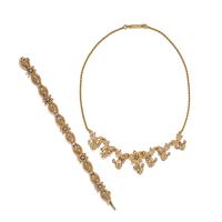 BICOLOR GOLD AND SEED PEARL BRACELET AND NECKLACE