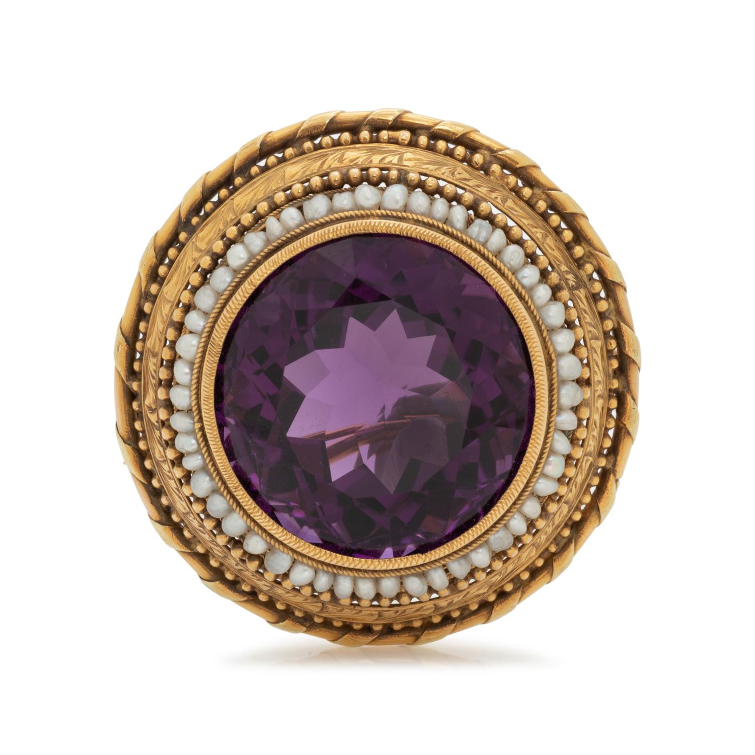 ANTIQUE, AMETHYST AND SEED PEARL BROOCH