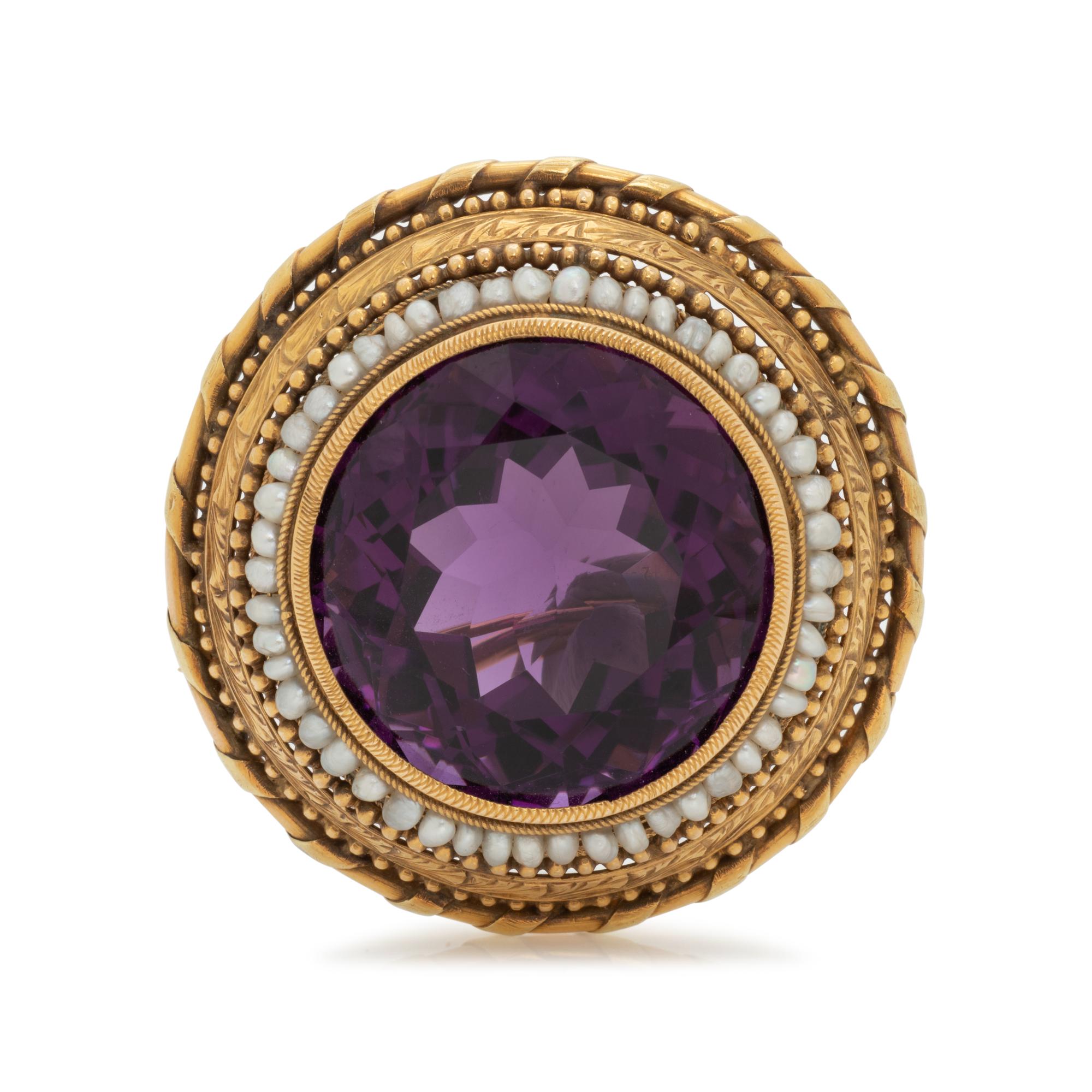 ANTIQUE, AMETHYST AND SEED PEARL BROOCH