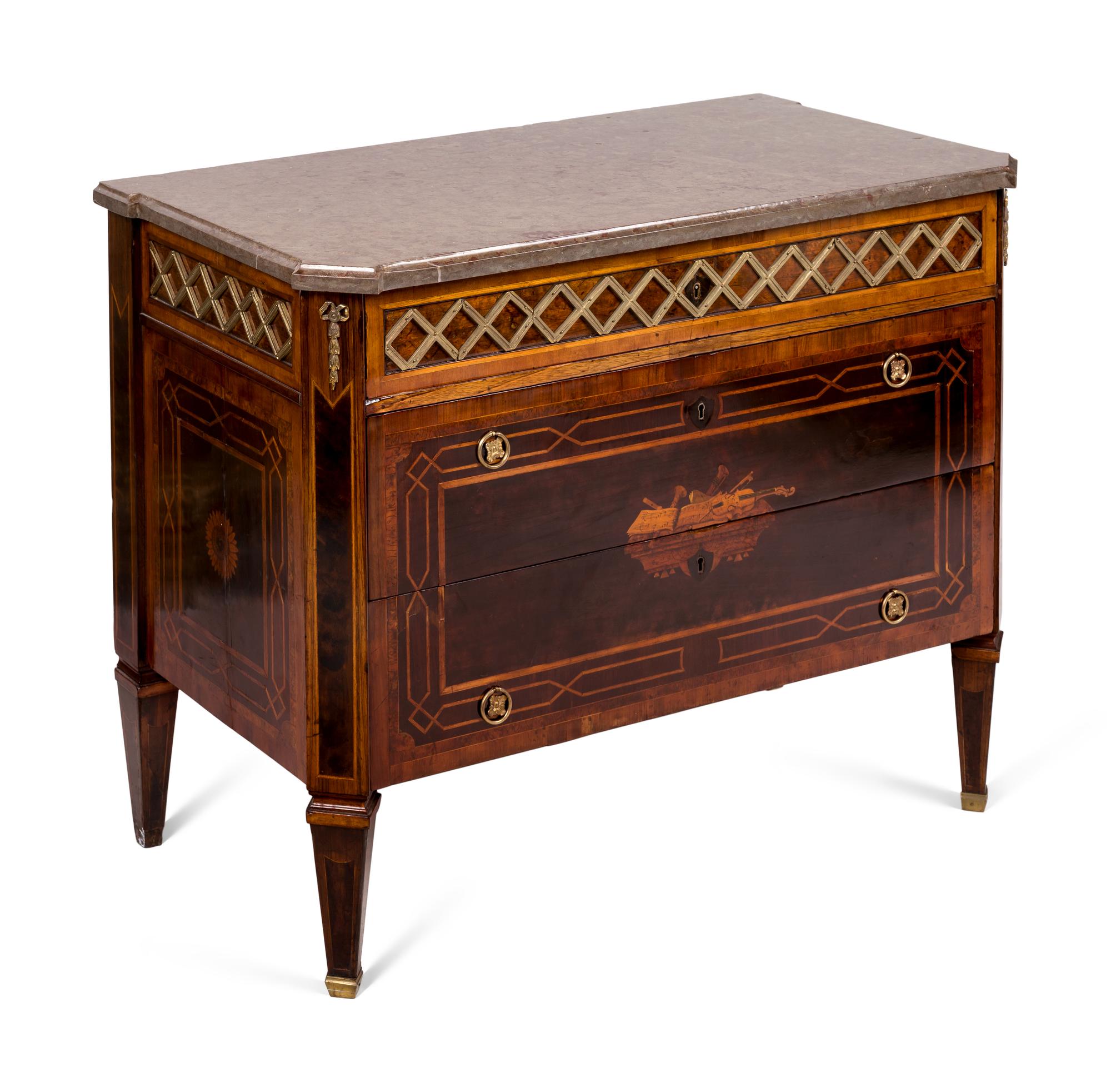 A Swedish Gilt Bronze Mounted Marquetry Marble-Top Commode
