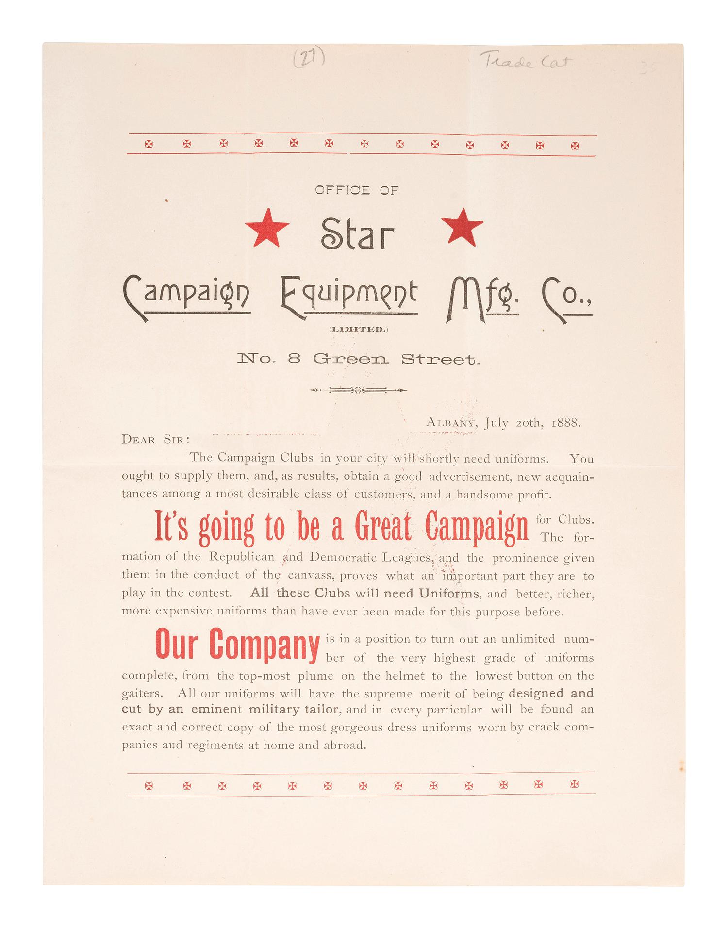 [1888 ELECTION] -- [HARRISON, Benjamin] -- [CLEVELAND, Grover]. A group of fans, covers, cabinet cards, and other ephemera related to the 1888 presidential election, including: