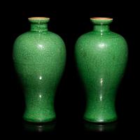 A Pair of Small Chinese Crackled Ground Green Glazed Meiping Vases, Late Qing Dynasty — 清晚期 綠釉開片小梅瓶一對