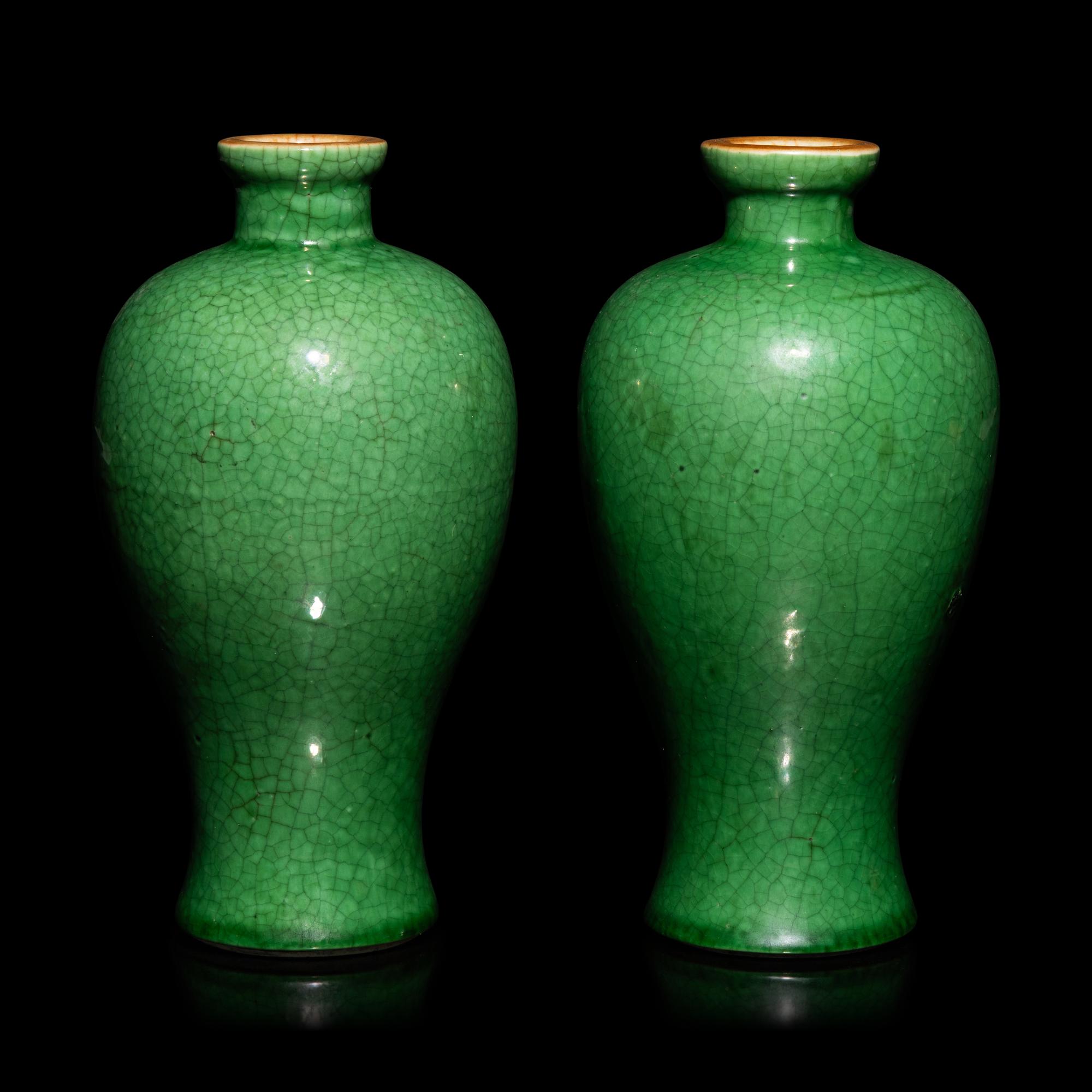 A Pair of Small Chinese Crackled Ground Green Glazed Meiping Vases, Late Qing Dynasty — 清晚期 綠釉開片小梅瓶一對
