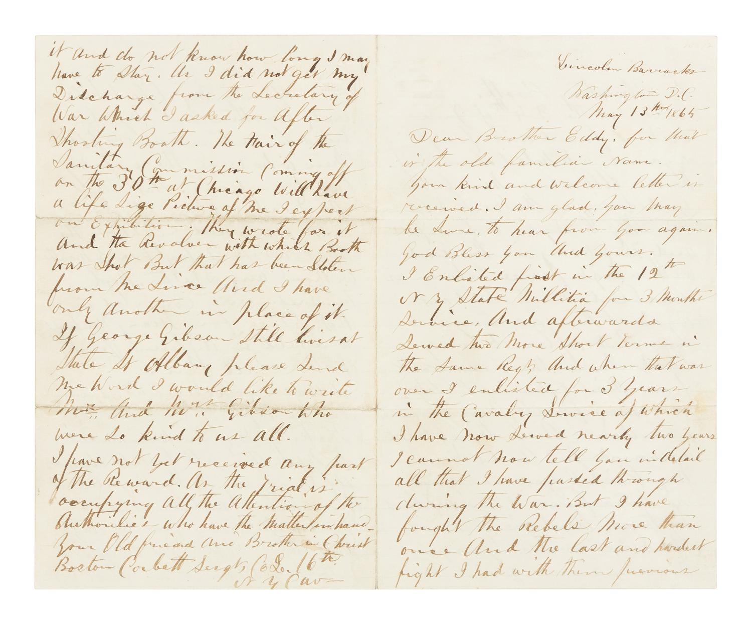 [LINCOLN ASSASSINATION] CORBETT, Thomas H. ("Boston") (ca 1832- 1888). Autograph letter, signed ("Boston Corbett") to "Brother Eddy." Washington, D.C., 13 May 1865.