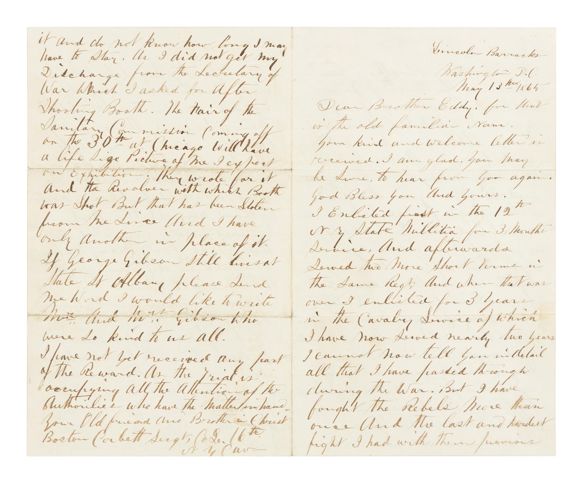 [LINCOLN ASSASSINATION] CORBETT, Thomas H. ("Boston") (ca 1832- 1888). Autograph letter, signed ("Boston Corbett") to "Brother Eddy." Washington, D.C., 13 May 1865.