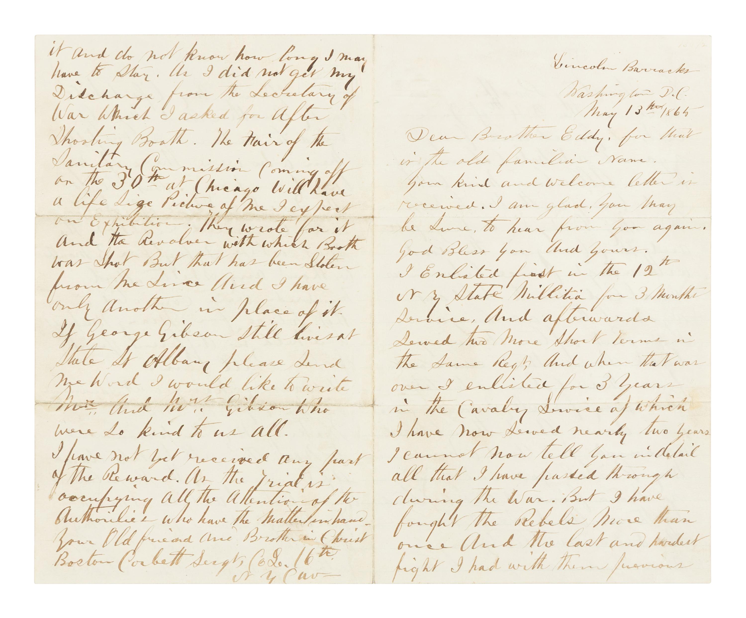 [LINCOLN ASSASSINATION] CORBETT, Thomas H. ("Boston") (ca 1832- 1888). Autograph letter, signed ("Boston Corbett") to "Brother Eddy." Washington, D.C., 13 May 1865.