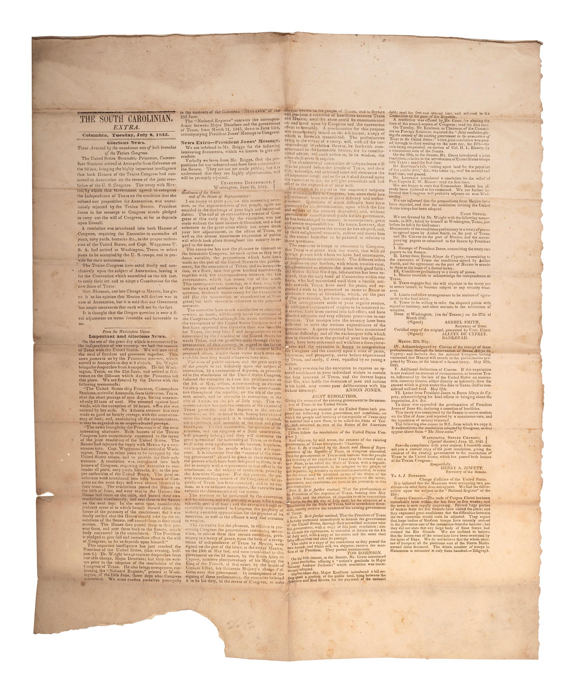 [TEXIANA]. The South Carolinian, Extra . Columbia, SC: A.H. & W.F. Pemberton, 8 July 1845.