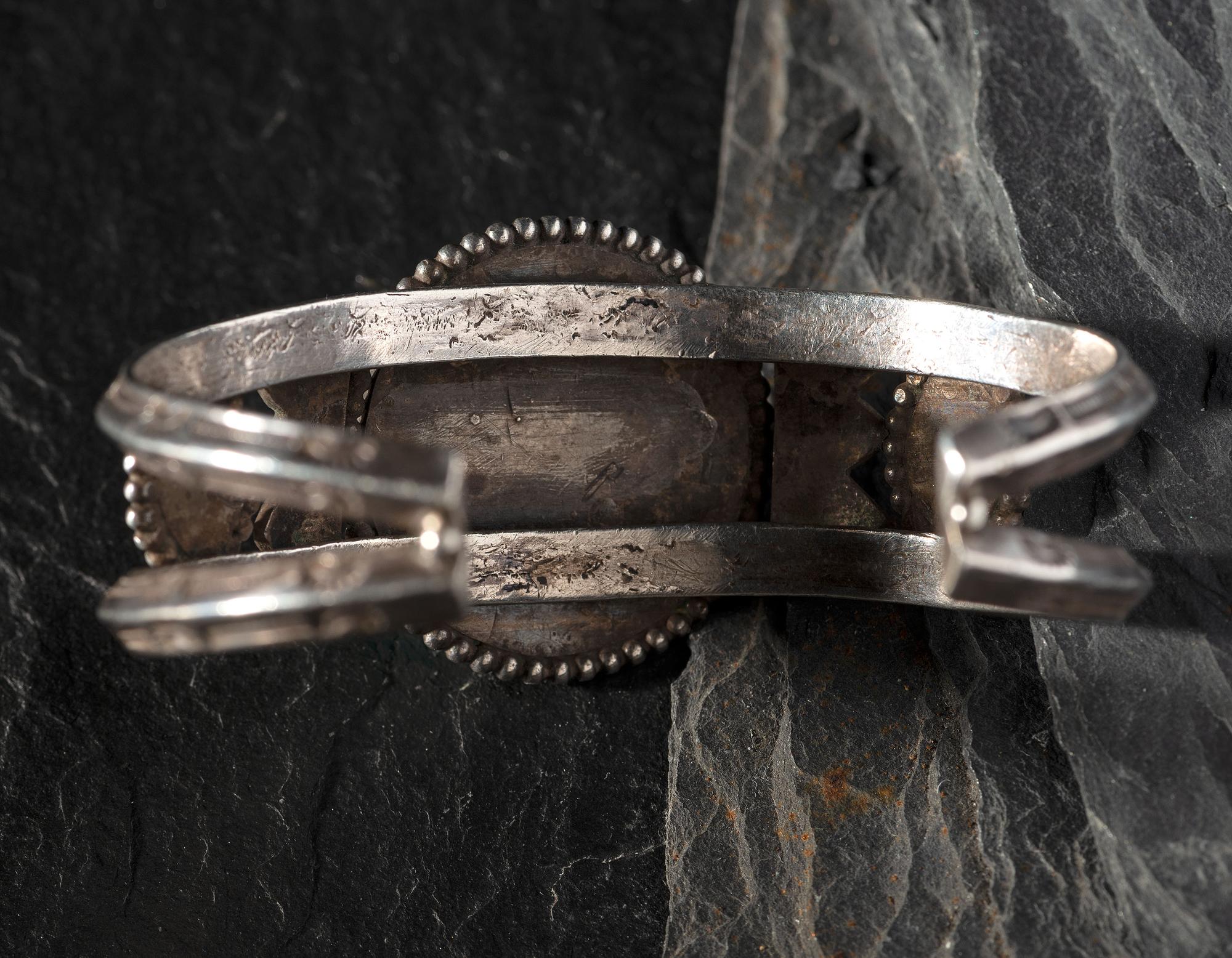 Navajo Stamped Silver and Turquoise Cuff Bracelet