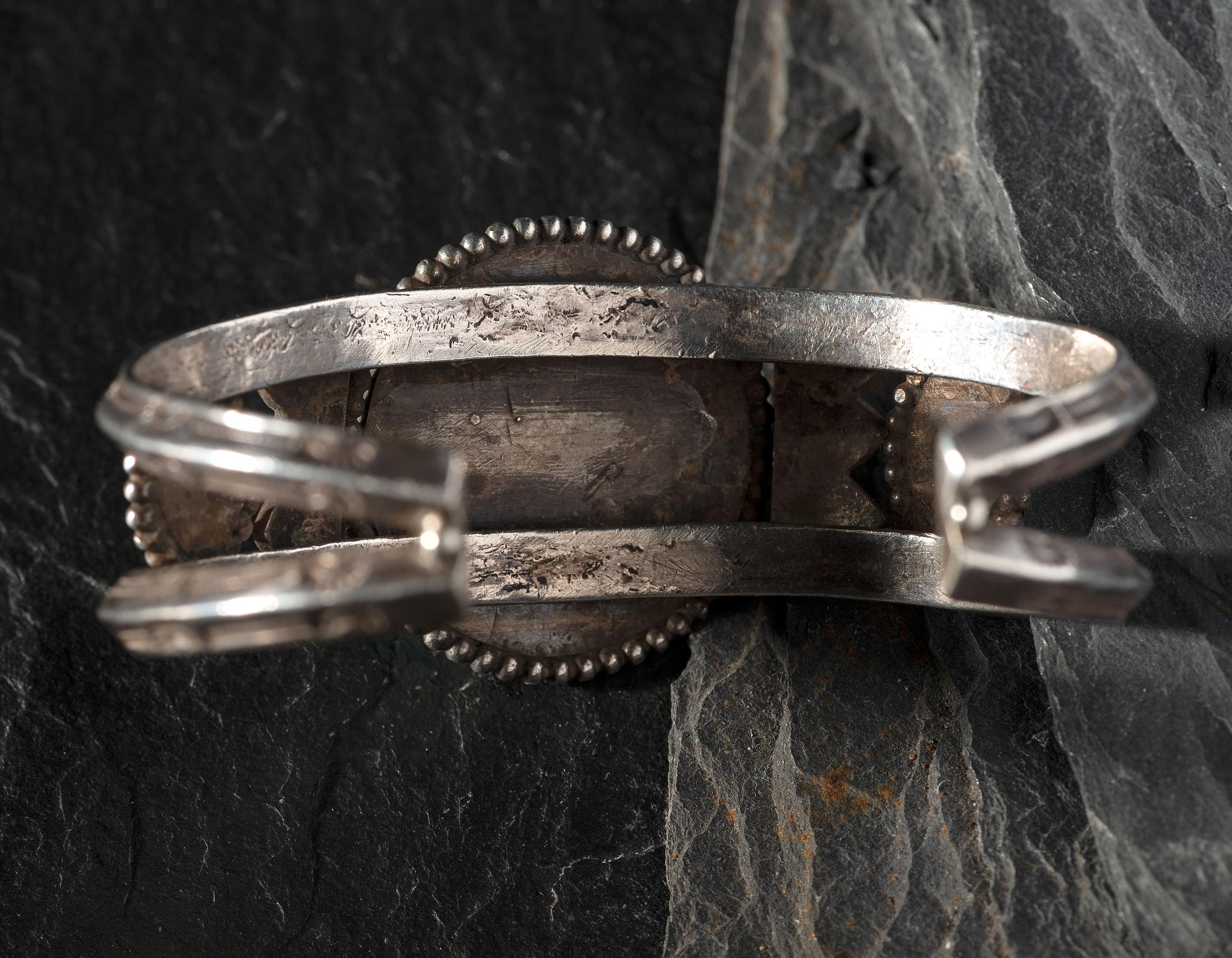 Navajo Stamped Silver and Turquoise Cuff Bracelet