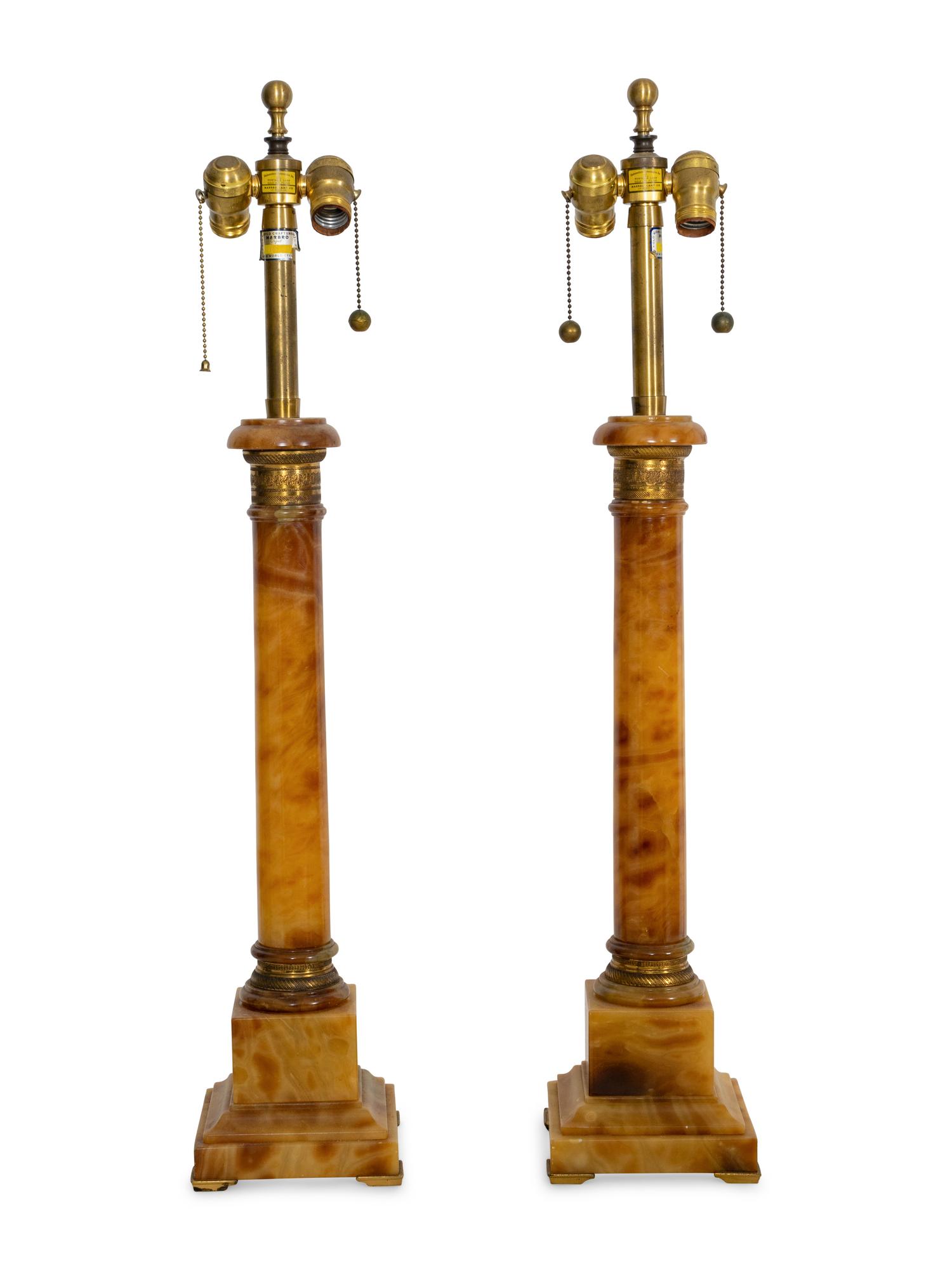 A Pair of Marbro Amber Alabaster Columnar Table Lamps
