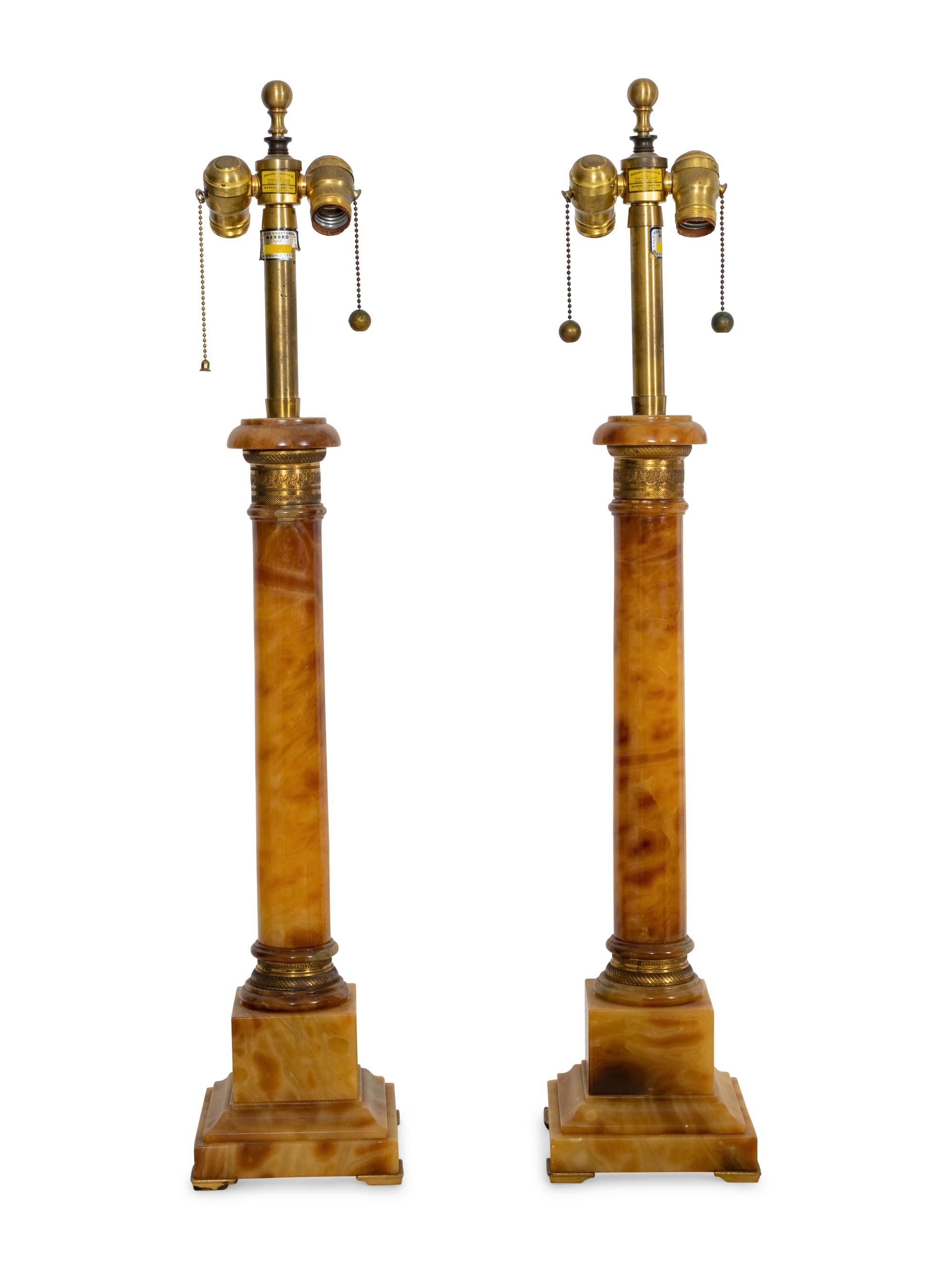 A Pair of Marbro Amber Alabaster Columnar Table Lamps