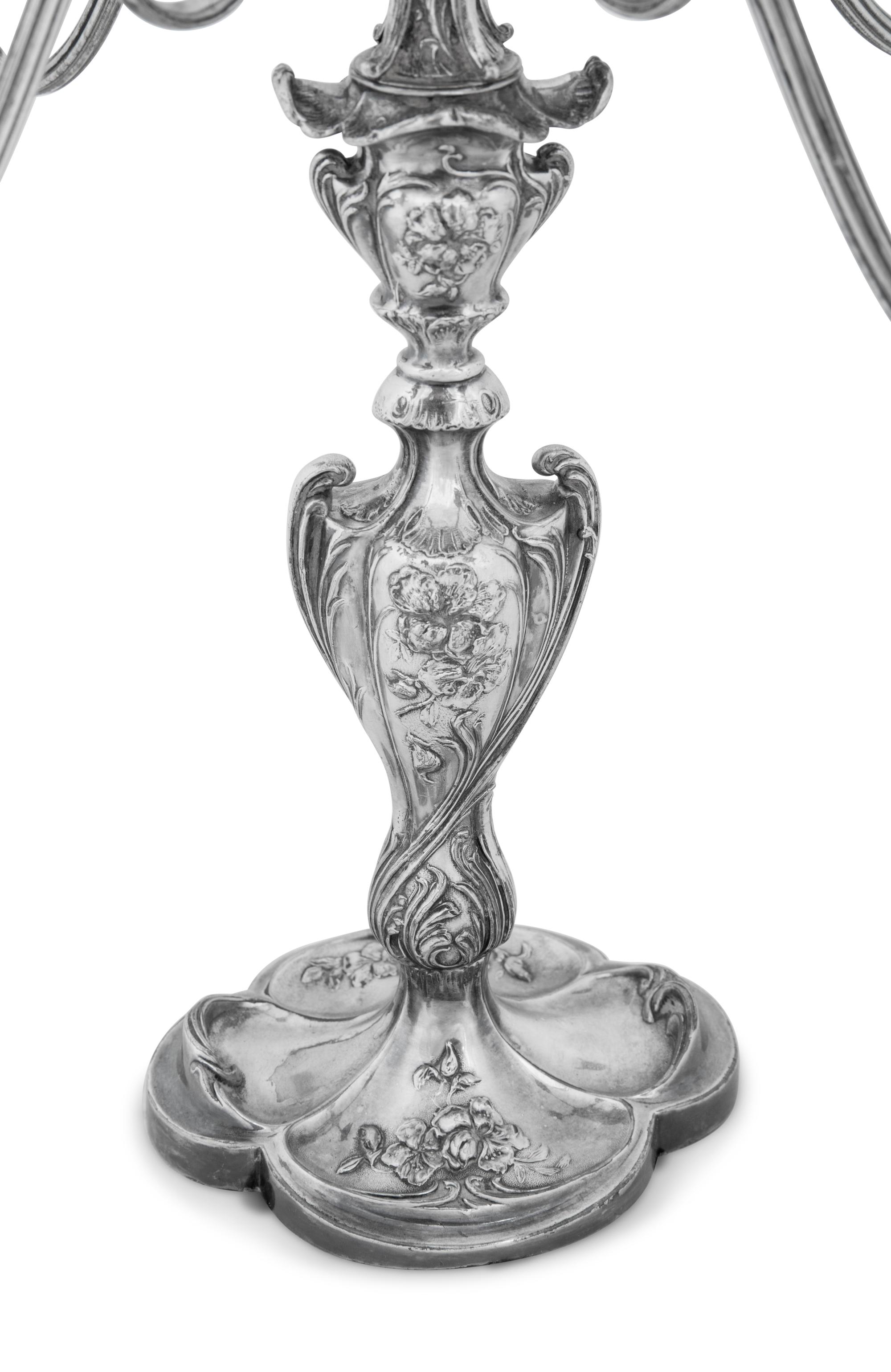 A Pair of Pairpoint Art Nouveau Silver-Plate Five-Light Candelabra