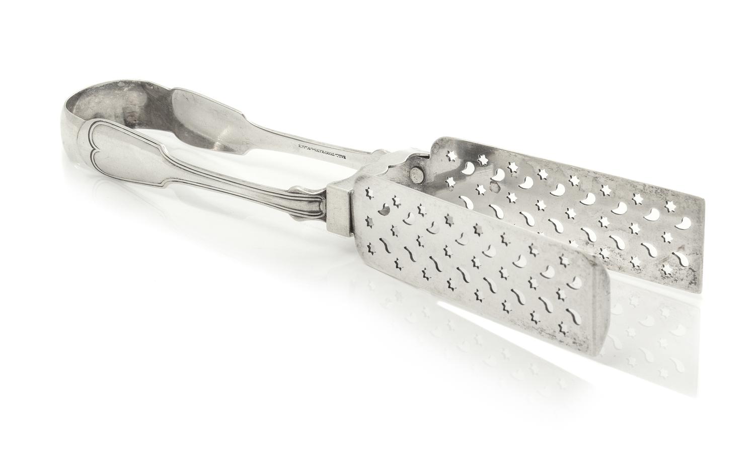 An American Silver Asparagus Tongs, Ball, Tompkins & Black, New York, NY, First Half 19th Century, the pierced tongs with a Fiddle and