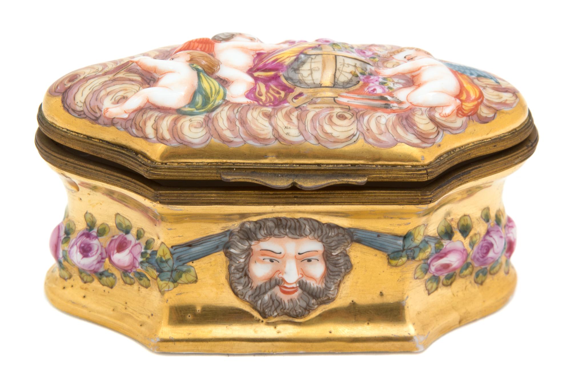 An Italian Capodimonte Brass Mounted Cartouche Form Porcelain Box — 19TH CENTURY