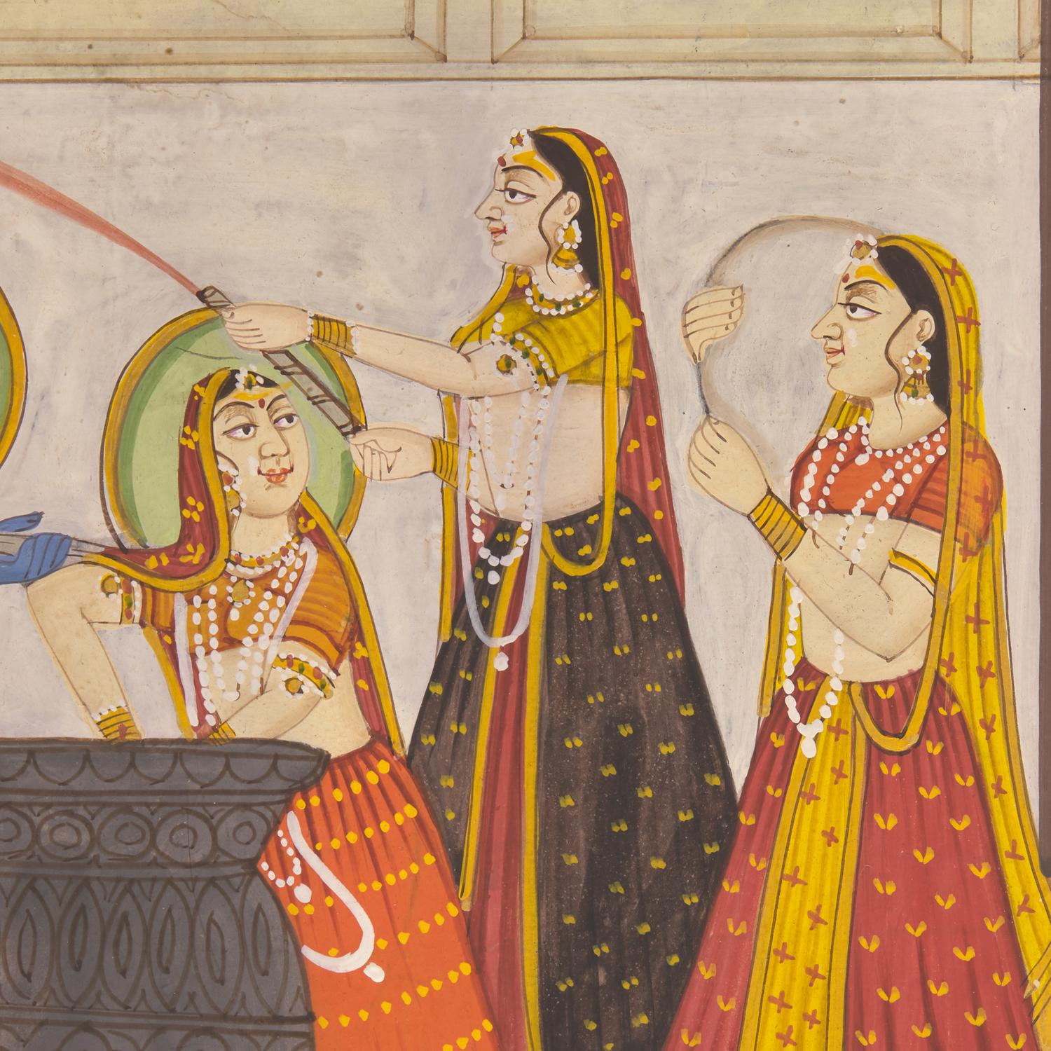 A Painting of Radha and Krishna on Two Tiers with Attendants Celebrating the Spring Festival of Holi, Bikaner or Deccan School, 19th/20th Century