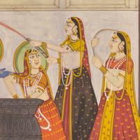 A Painting of Radha and Krishna on Two Tiers with Attendants Celebrating the Spring Festival of Holi, Bikaner or Deccan School, 19th/20th Century