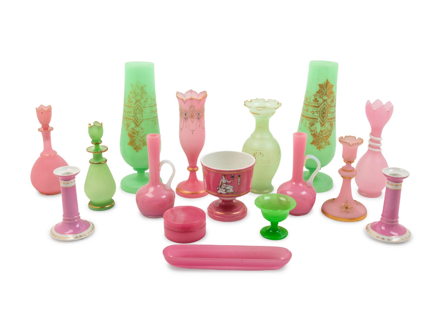 A Collection of Pink and Green Opaline Glass