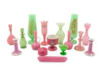 A Collection of Pink and Green Opaline Glass