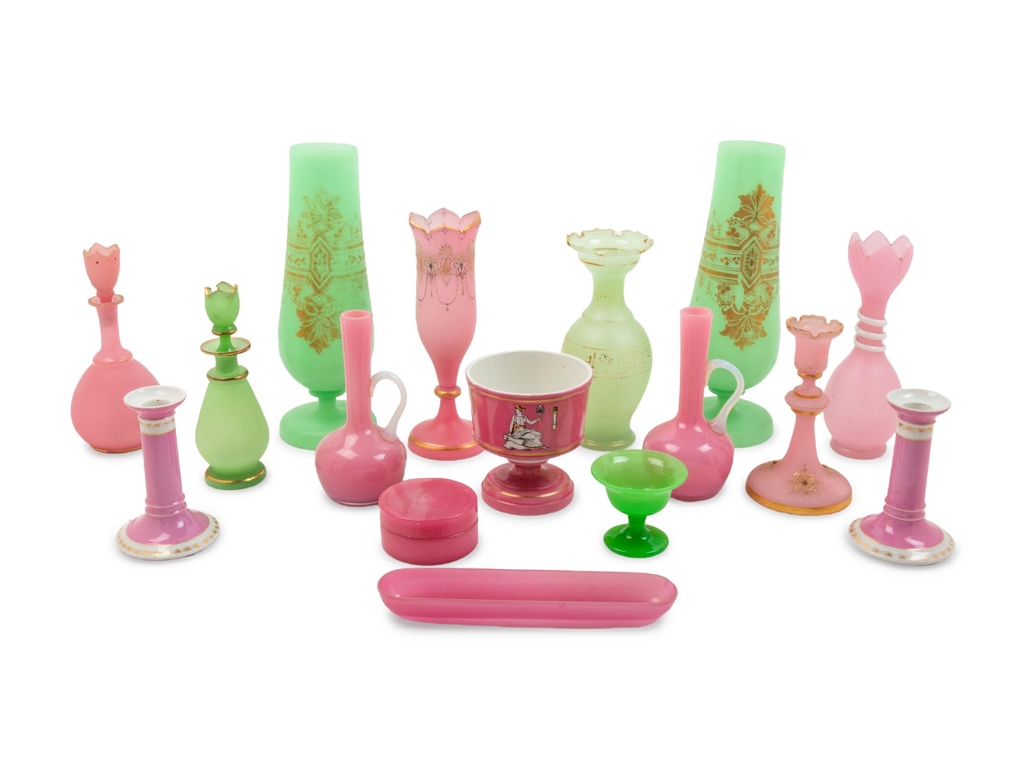 A Collection of Pink and Green Opaline Glass