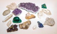 Fifteen Mineral and Crystal Specimens. Width of widest 11 inches.
