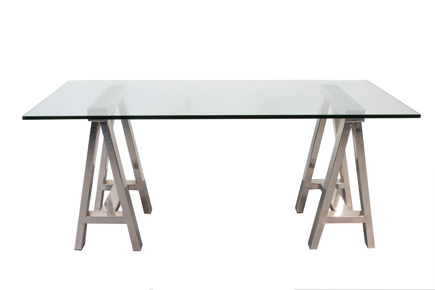 A Chromed Trestle and Glass Table in the Style of Alessandro Albrizzi