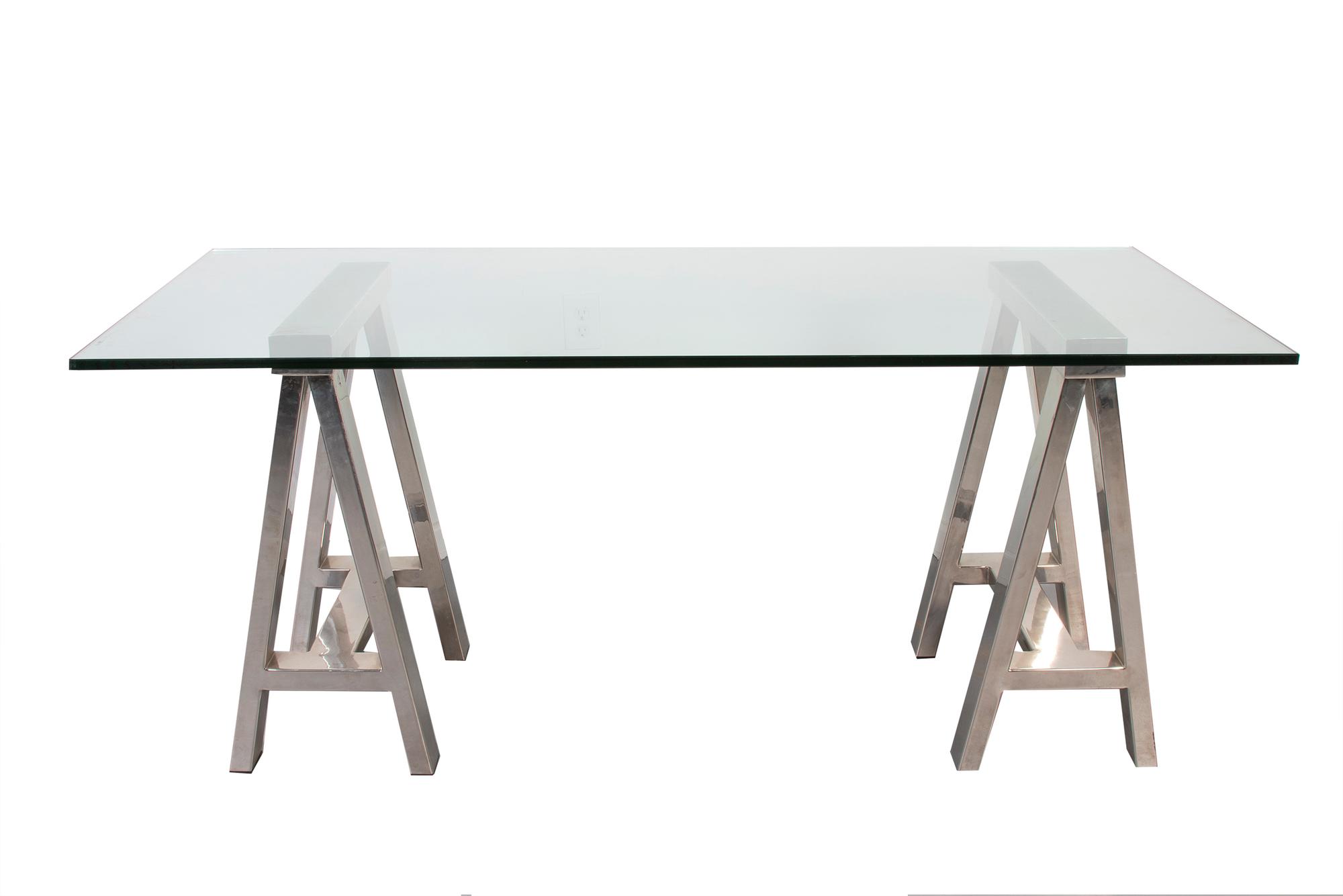 A Chromed Trestle and Glass Table in the Style of Alessandro Albrizzi