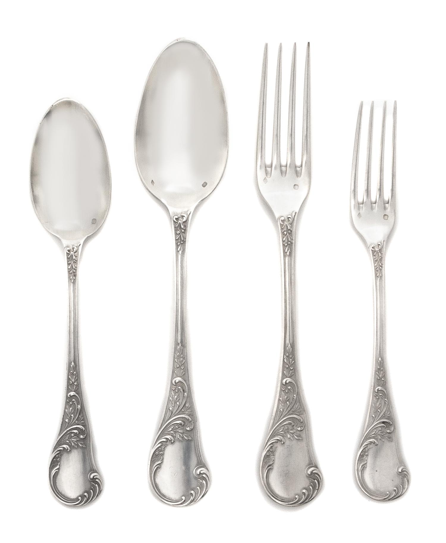 A French Silver Flatware Service, Pierre Queille, Paris, Late 19th Century, the undersides of the handles with a script monogram, compr