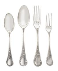 A French Silver Flatware Service, Pierre Queille, Paris, Late 19th Century, the undersides of the handles with a script monogram, compr