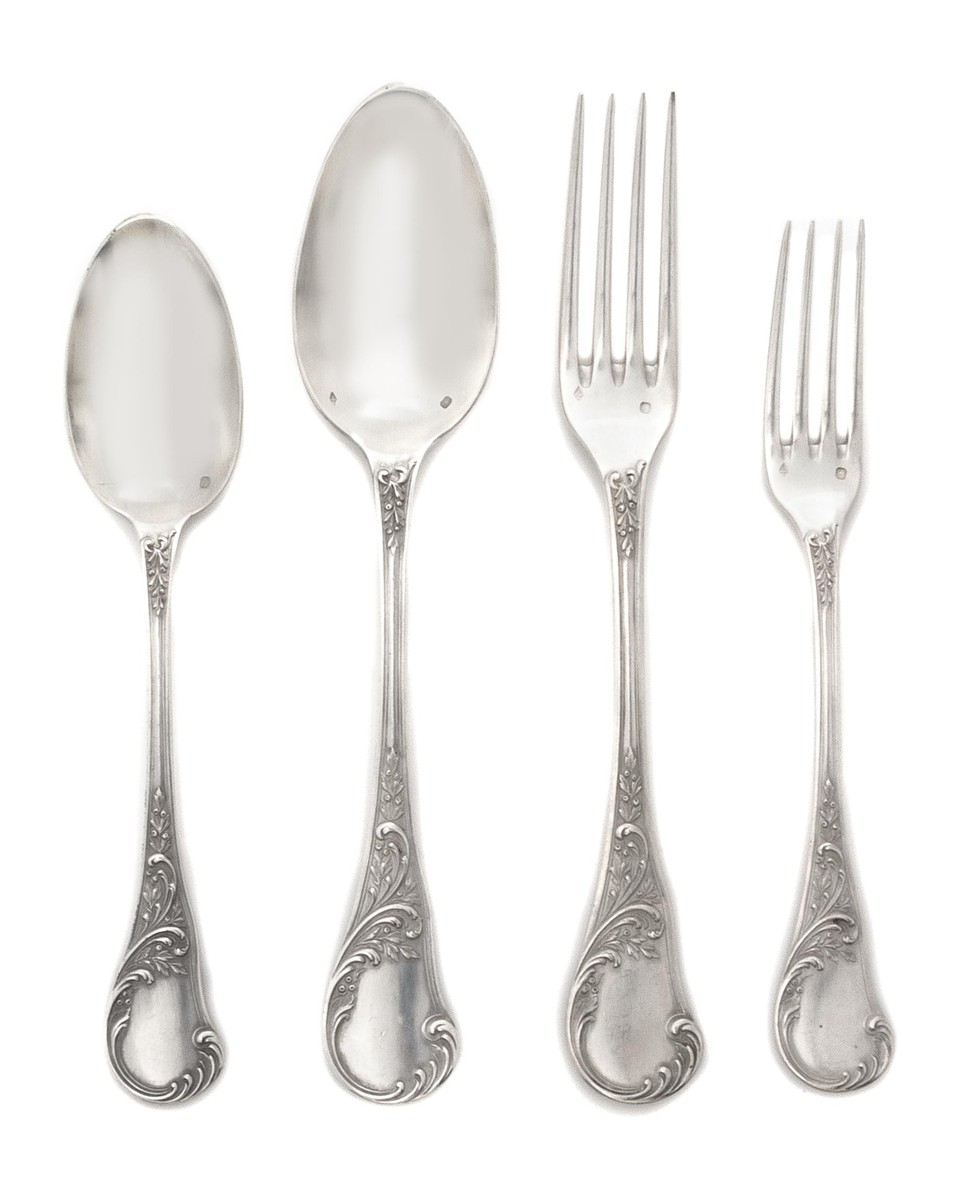 A French Silver Flatware Service, Pierre Queille, Paris, Late 19th Century, the undersides of the handles with a script monogram, compr