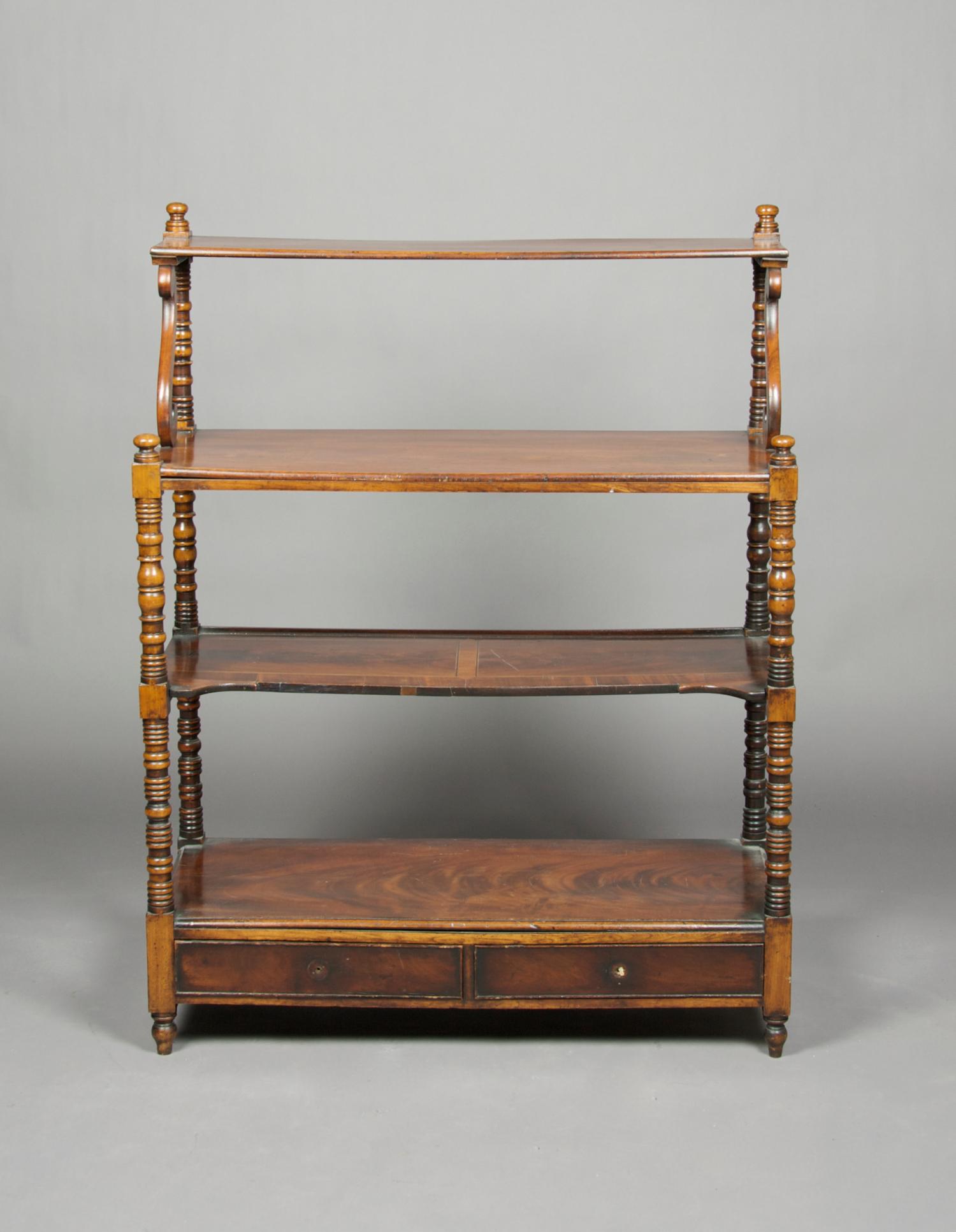 A Regency Style Mahogany Etagere, Height 44 1/4 x width 33 3/4 x depth 13 3/4 inches.