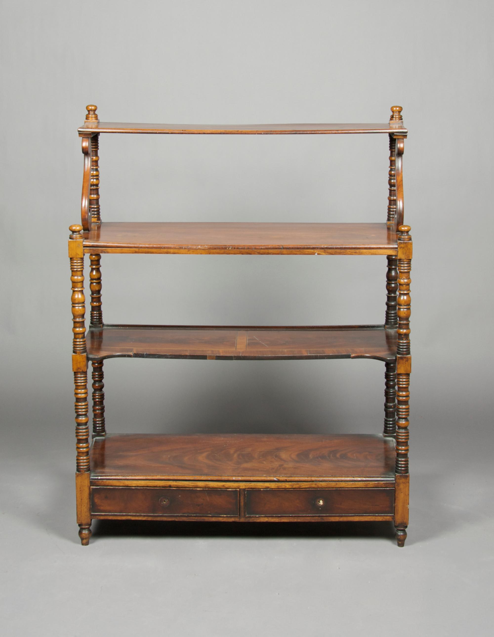 A Regency Style Mahogany Etagere, Height 44 1/4 x width 33 3/4 x depth 13 3/4 inches.