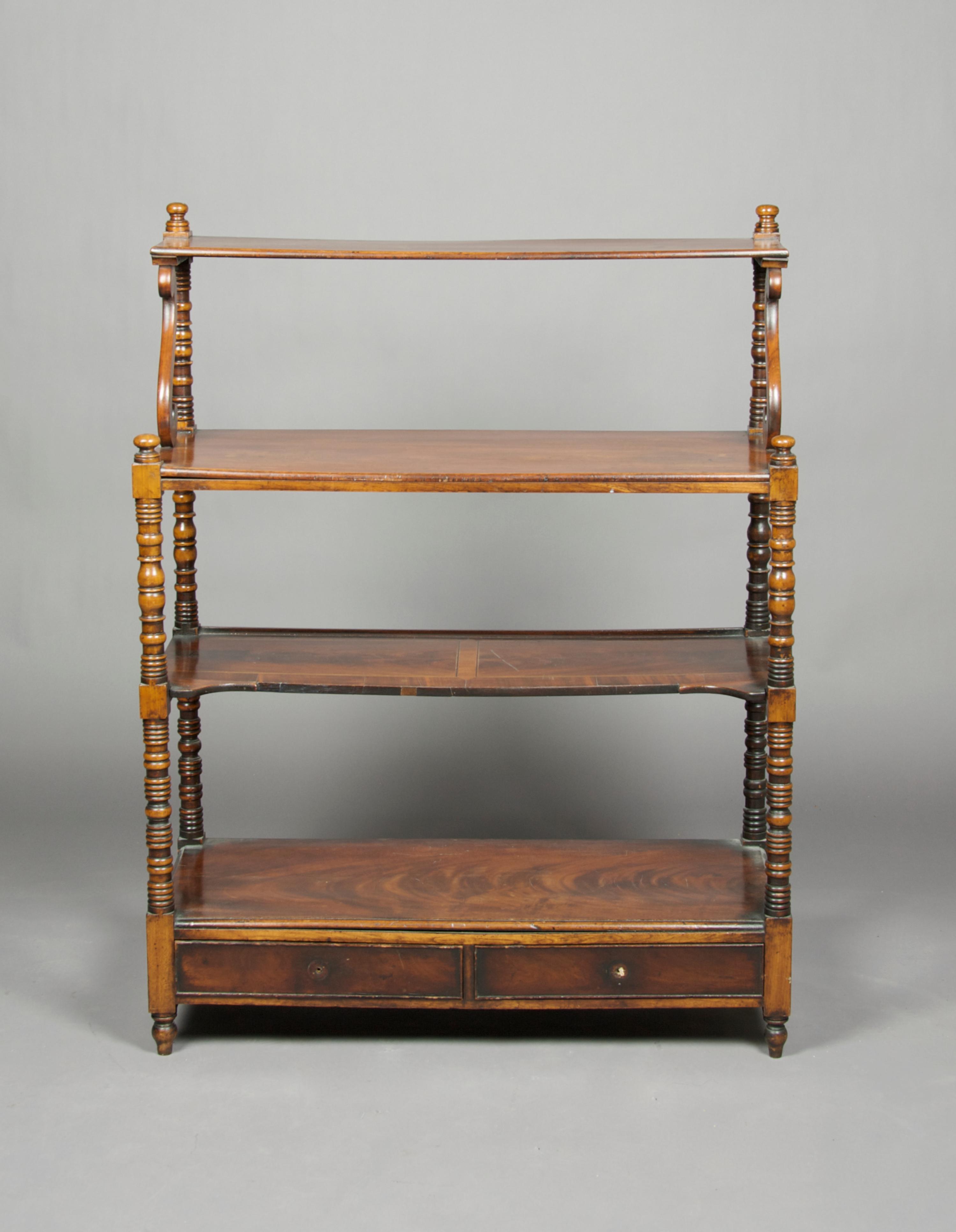 A Regency Style Mahogany Etagere, Height 44 1/4 x width 33 3/4 x depth 13 3/4 inches.