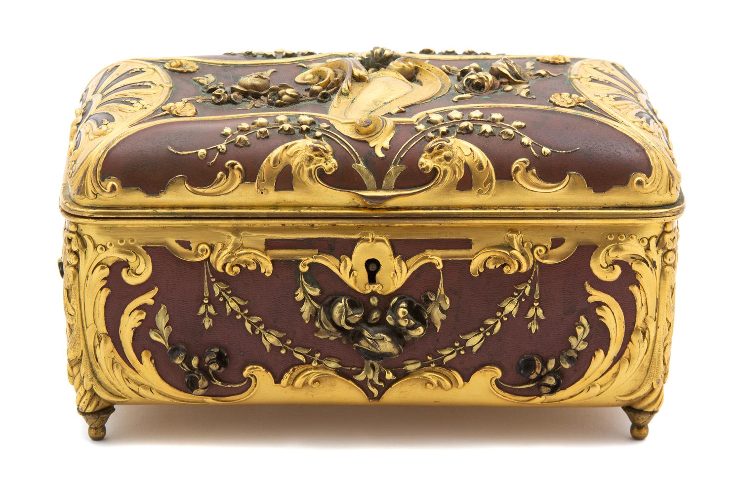 A French Art Nouveau Gilt Bronze and Brown Enamel Jewel Box Height 4 x width 7 x depth 4 inches. — LATE 19TH CENTURY
