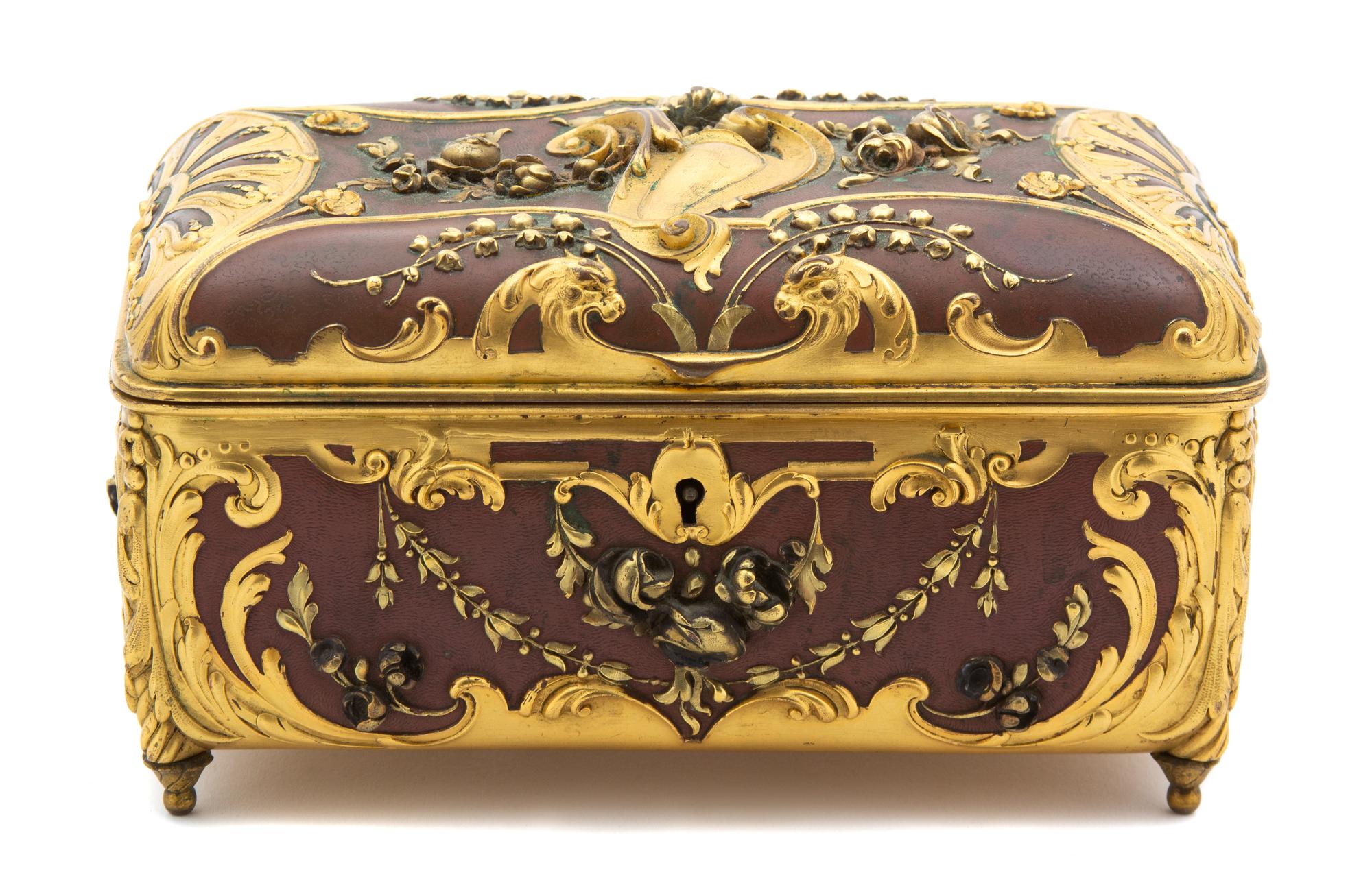 A French Art Nouveau Gilt Bronze and Brown Enamel Jewel Box Height 4 x width 7 x depth 4 inches. — LATE 19TH CENTURY