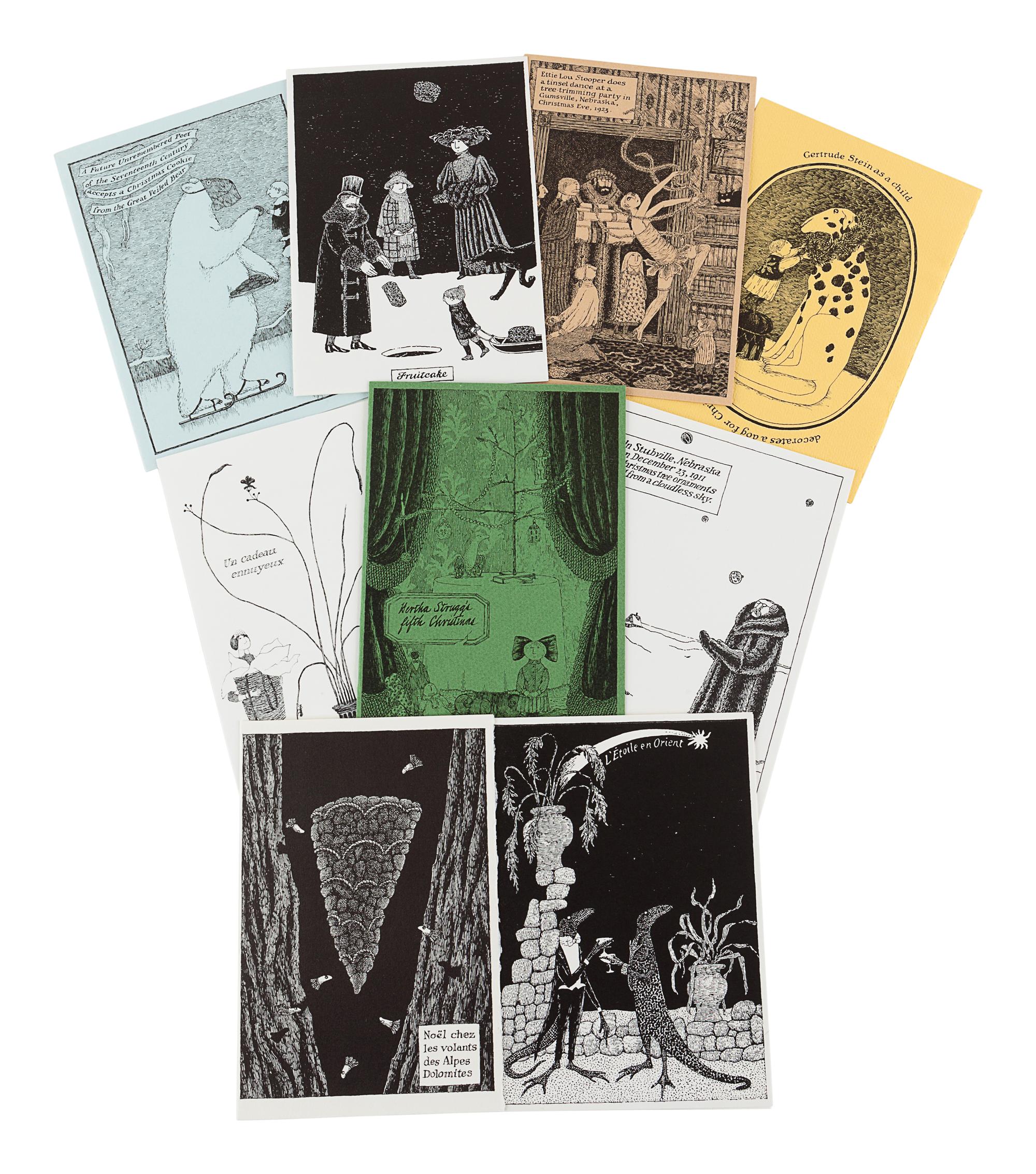 GOREY, Edward (1925-2000). Albondocani Press Christmas Cards. A group of 10 cards (plus duplicates of 3 cards). New York: Albondocani Press, 1975-1990. Comprising: