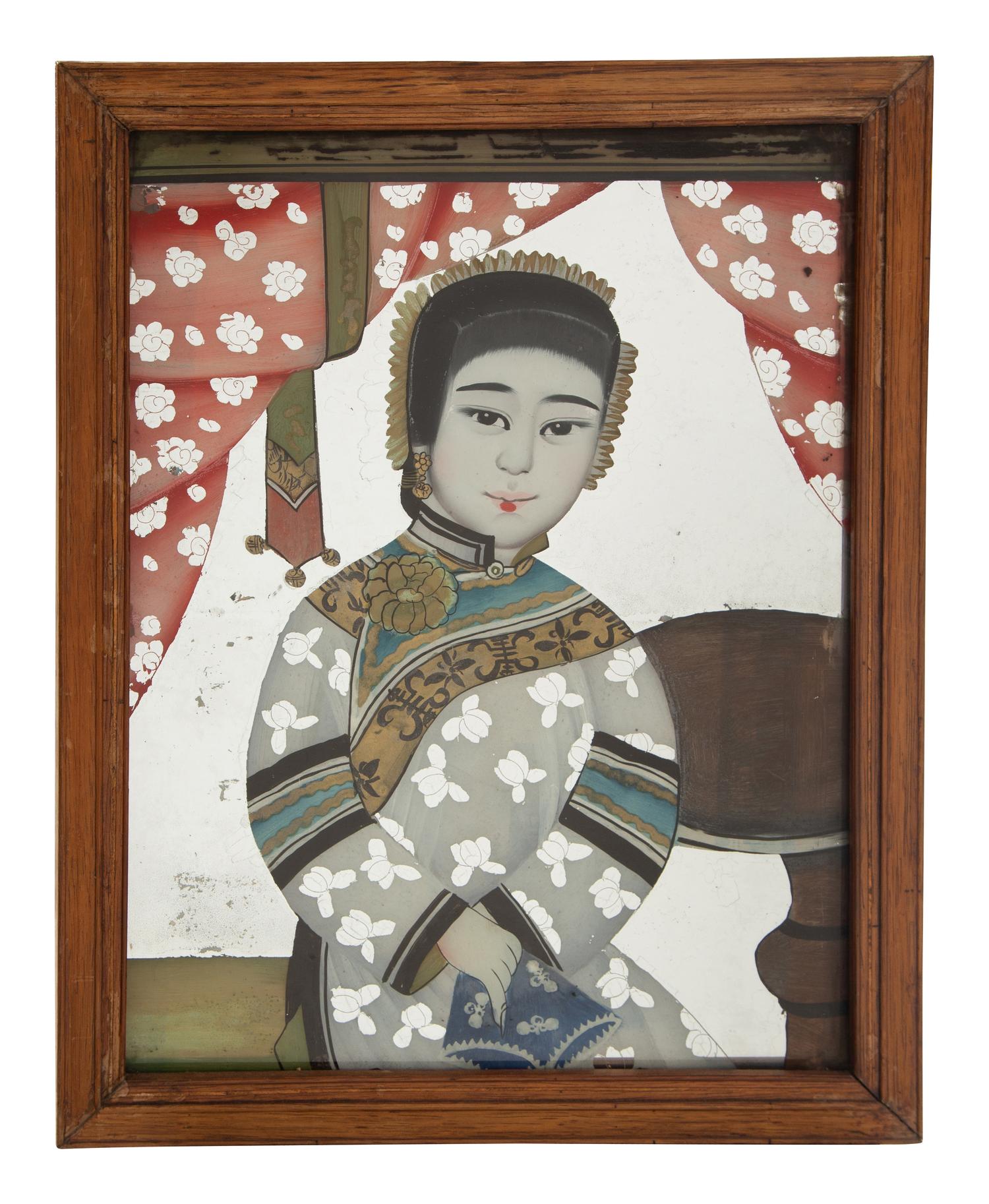 A Pair of Chinese Reverse Paintings on Mirrored Glass
