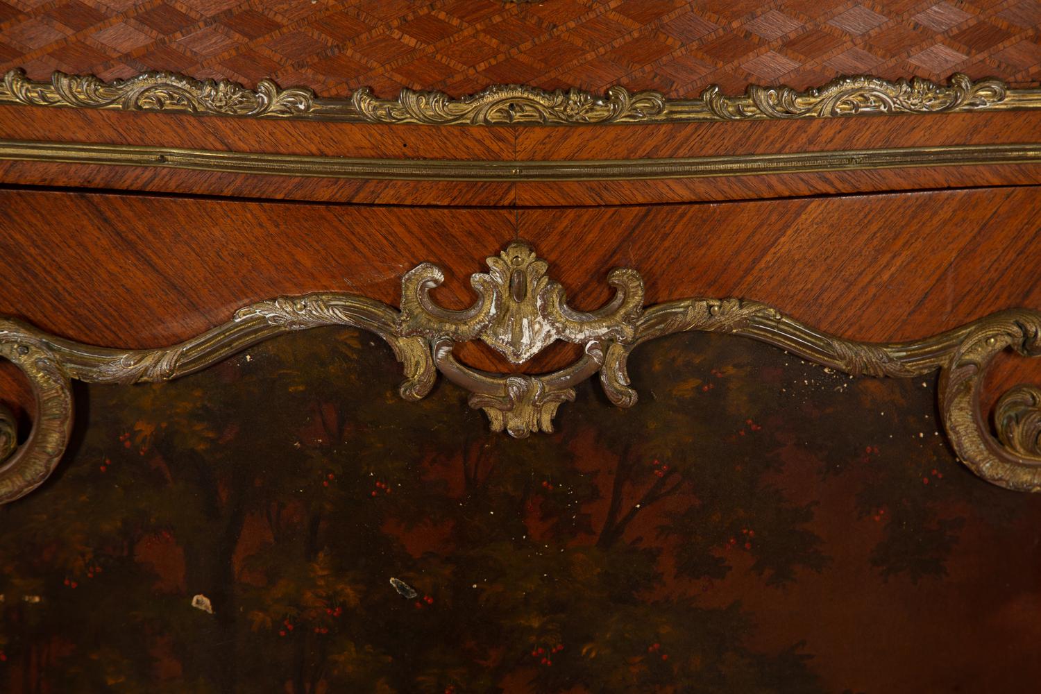 A Louis XV Style Gilt Bronze Mounted Parquetry and Vernis Martin Marble-Top Cabinet