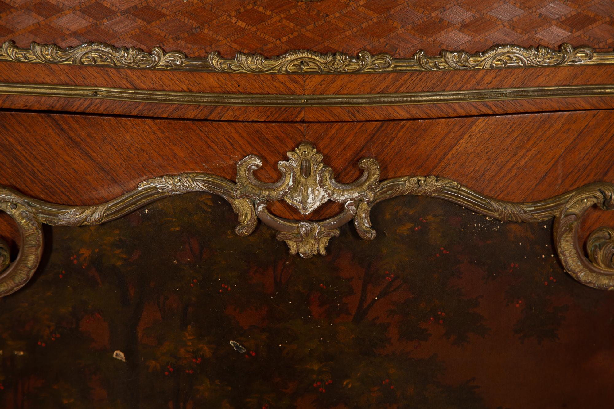 A Louis XV Style Gilt Bronze Mounted Parquetry and Vernis Martin Marble-Top Cabinet